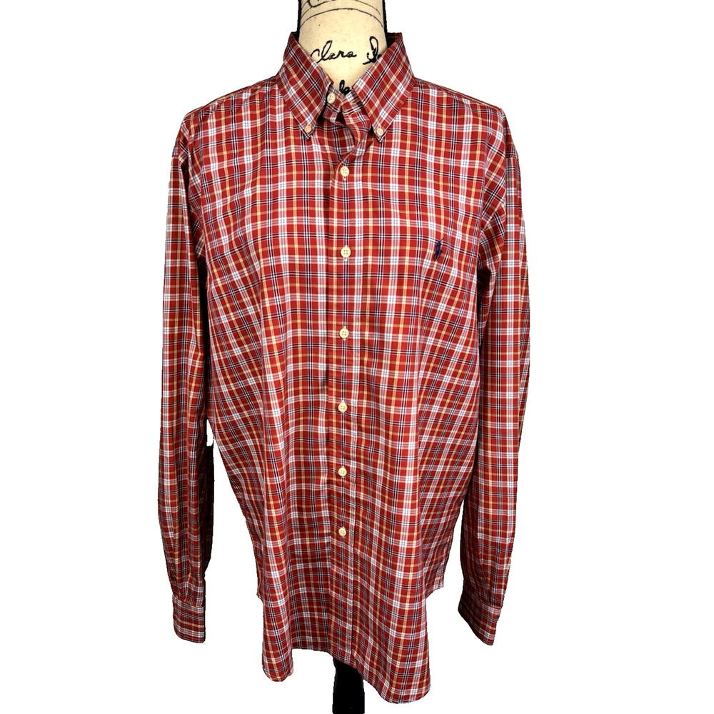 Ralph Lauren Shirt Red Button Down Plaid Men L Classic Fit Vtg 90s Officewear
